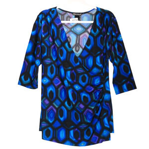 Made in Heaven Blouse Womens Size 1X Blue Purple Retro Faux Wrap Ruched Slinky